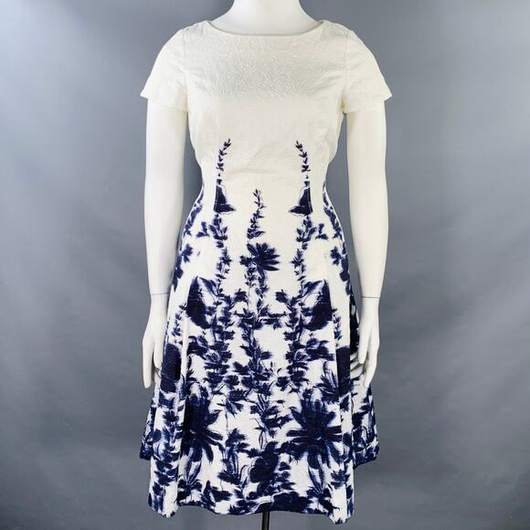 CAROLINA HERRERA Size 12 White Indigo Cotton Blend Abstract Floral Dress